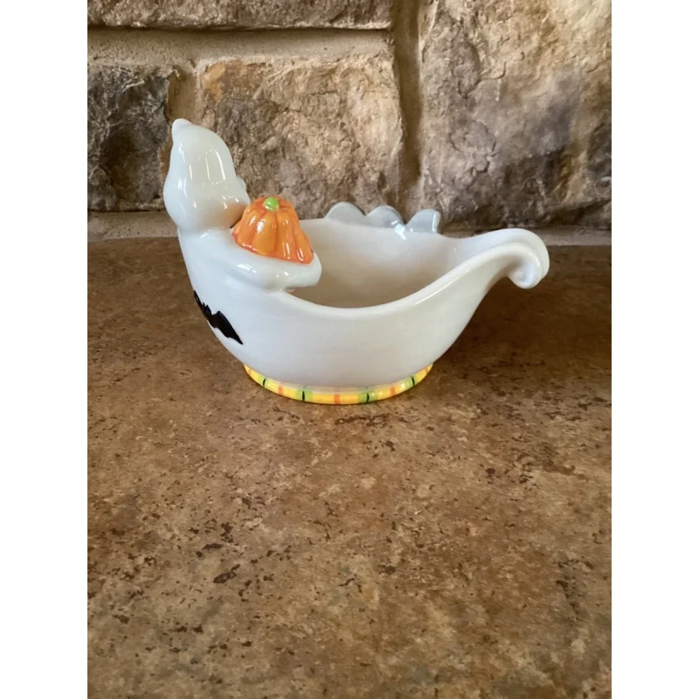 Halloween Boo Ghost Candy Dish Bowl Fitz And Floyd Bat Pumpkin Ceramic Small - Picture 3 of 6